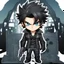 Placeholder: a chibi man with messy black hair, blue eyes, mafia capo, leather and denim outfit, torture, intricately detailed