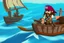 Placeholder: Cartoony Captain Jack Sparrow sailing on a small boat, in the middle of blue oceans, Legend Of Zelda: Wind Waker style, stylized, colorful, adventurous.