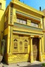 Placeholder: A light yellow house of mystery in a city in daylight designed in ancient Egyptian hieroglyphics