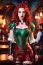 Placeholder: detailed eyes, pale skin, carefree attitude, female gorgeous, red wavy shoulder length hair, detailed glowing magical pattern leather clothing, glowing jade implanted on armor, 8k, high detail, tavern stage background, playing music, medieval, looking at viewer, front facing