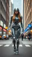 Placeholder: a photoshoot view fullbody all to feet beautifull Russian Supermodel long hair having humanoid body cyborg transparent visible glass shiny explore inside details machines mechanical parts,walking city street