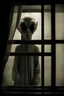 Placeholder: A dynamic shot of a grey alien peeking through a window at night, dark shadows and gauzy curtain blown by wind, shot with a film camera and wide angle lens, shot from a low position to add fear