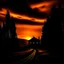 Placeholder: dark night, orange sunset colors in the sky, a lonely cottage in the distance on a mountain in the woods, a lonely dark silhouette walking down the road