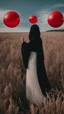 Placeholder: a no face woman with mask standing in a field holding red ball, inspired by Ren Hang, design milk, long black hair, whites, wanderers traveling from afar, trending on artisation, cloning spell, coat pleats, in twin peaks, submarine, by Helen Thomas Dranga, symetry, round-cropped, noire photo