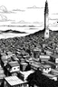 Placeholder: Desenho da cidade de Santos em branco e preto