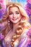 Placeholder: Adorable digital painting of a beautiful young girl fully dressed in gorgeous sparkling pearls, portrait of Rapunzel, sparkling crown, front view, beautiful smile, long shiny golden hair, blue eyes, beautiful face, rosy cheeks, lips Shiny pink, Rapunzel's face, digital art, surrounded by pink and purple hyacinth flowers, heavenly garden in the background, romantic style, dream world, high quality, 4k