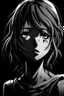 Placeholder: sad, numb, heartbroken, emotionless, black and white, disfigured anime girl with black background