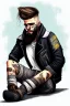 Placeholder: a very sad hurt swedish motorcycle young gang man with beard, he is covered all the body with bandage and are in deep pain, bandage all over him, cripple, lying on the floor