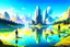 Placeholder: Sunny day, distant modern city, lake, lake reflections, people, mountains, sci-fi