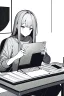 Placeholder: thin hacker girl use a laptop on a table sitting in a cafe, line arts, greyscale