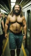 Placeholder: full figure photography of an ugly dirty gipsy burly muscular chubby stocky strong man 31 years old with raided beard, dreadlocks, manly chest, hairy , smiling mouth, photorealistic ,shirtless, bulging shorts, side light, inside a crowded subway station , neon lights