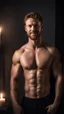 Placeholder: Hyper Realistic Photographic Long Shot View of A (french Beard) Manly Muscular Extremely Handsome Shirtless Ginger Man (Age 35 with Short Hair) Showing His Muscular Smooth Chest with a black towel, Standing & Giving a Light Bold Smile Seductively Against The Wall Inside His Bedroom With Ceiling Lights & Candles In Bedroom With Smoky Environment At Dark Night Showing Dramatic & Cinematic Ambiance.