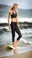 Placeholder: anorexic beautiful woman, age 21, total shot, black capri leggins, triathlon top, blonde surfer hair, blurred beach background