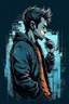 Placeholder: man, profile, cyberpunk, holding a cellphone, comic book art style, geek, engineer, t-shirt, jeans, drug addict, hoodie,