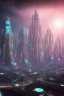 Placeholder: Cité cosmique futuriste avec dome, brouillard, riviers animé, soleil, ciel étoilé cgi,