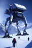 Placeholder: a sleek mechanical walker with eight legs scaling a very steep snow covered side of mout everest at night, it has a smooth surface, it has storage pods on its belly and humans can fit in the pods