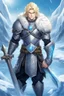 Placeholder: 1 anime man. warrior, with blue eyes and blonde hair man in silver Viking armor with fur around the neck with blue crystal on his chest, standing in water in the artic, holding a ice axe, warrior in, anime style