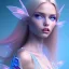 Placeholder:  beautiful, soft, whide smile face, long blonde straight hair, blue eyes, fairy wings on the back, transparent crystal blue and pink clothes, background blue and pink, big definition, 8K