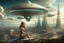 Placeholder: beautiful woman riding flying saucer over future alien city