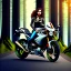 Placeholder: Very attractive woman sitting on a motorcycle. The bike is Yamaha. In the background is a forest. Big detail on the legs. Realistic details. Photorealistic. 4K. Wide-angle lens.