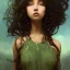 Placeholder: alien girl, cute, beautiful, long hair, curly hair, black hair, slim body, brown eyes, big eyes, green skin, turquoise dress, head and shoulders portrait, fantasy, 8k resolution concept art portrait by Greg Rutkowski, Artgerm, WLOP, Alphonse Mucha dynamic lighting hyperdetailed intricately detailed