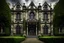 Placeholder: old british english castle mansion, symmetrical, huge, cloudy grey sky, rain, details, huge wooden front door, green garden alley infornt tiny violett flowers, hyper realistic, high resolution details