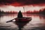 Placeholder: background hell's red river, rear view of grim reaper rowing oars on small boat on red river