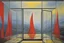 Placeholder: a surreal open glass gate in a glass wall with a view of a desolate landscape, fog, storm, strong contrasts, by artist "Leonora Carrington",by artist "Zaha Hadid",These colors are bold, vibrant, and intense, including shades of primary colors such as red, blue, and yellow.