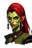 Placeholder: very smart half orc young woman, shes strong and not pretty, her hair is dark red and mid length, she wears an earring and black clothing with green skin and pointed teeth, realistic style