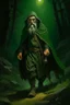 Placeholder: 1970's dark fantasy cover dnd style oil painting of an old herbalist hobo like hero using a dark green cloack with sport outfits with minimalist far perspective. Supersentai Glow