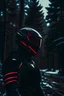 Placeholder: a man wearing futuristic helmet, black futuristic knight armor, glowy red visor, covered face, distant shot, adobe lightroom cinematic filter, snowy forest scene