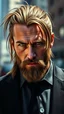 Placeholder: A realistic photograph of a rugged man with long, light brown hair in a slightly messy ponytail, he has bright yellow eyes, wearing a black Suit. He has a light stubble beard, giving him a scruffy look, and a confident, mysterious expression. The background is an urban setting with soft lighting and blurred buildings, capturing his relaxed, yet assertive vibe. His pose is serious but calm, enhancing the cool, enigmatic aura.