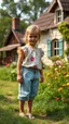 Placeholder: cartonish child lady in pretty top and short pant,standing in country side next to country house with flowers,trees.