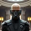 Placeholder: bald male corellian jedi wearing gunmetal grey and black old republic armored flightsuit and breath mask with gold and metallic red trim inside the jedi temple, centered head and shoulders portrait, hyperdetailed, dynamic lighting, hyperdetailed background, 8k resolution, volumetric lighting, light skin, fully symmetric details