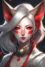 Placeholder: in a final fantasy setting, a female kitsune with rose gold hair and red eyes.