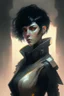 Placeholder: Cyberpunk netrunner, black hair, short hair, cybernetic eyes, standing in mists, Female, dark art, Ivory Peach skin