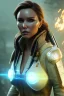 Placeholder: Camilla luddington face, big busty hitomi tanaka, texture skin,Crystal yellow eyes, long white hair, wearing The Lara Croft, realistic, 4k, intricate, best quality, fog particles, fire particles, octane render, vray, sword fire, rain