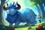 Placeholder: Girl furry, goat's horns, blue hair, clearing in forest, cabbage in hand , hoof foot ,