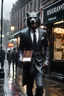 Placeholder: Werewolf in a suit walking the streets of Soho in the rain. He's holding a resraurant menu in his hand, and his hair is perfect. There is a Chinese restaurant in the background. Photograph.