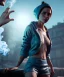 Placeholder: Realistic image, waist up view, a woman making the fuck off gesture with his hand, blue smoke coming out of his nose and mouth, happy. Latex cloth, inflatable hoodie, soft color, highly detailed, unreal engine 5, ray tracing, RTX, lumen lighting, ultra detail, volumetric lighting, 3d, finely drawn, high definition, high resolution.