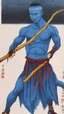 Placeholder: A young male water genasi with deep blue skin color, water shape dred hair on head. Shaolin monk with long stick weapon, kung fu master, martial art