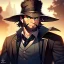 Placeholder: Portrait, Bearded, gunslinger, with short brown hair, serious blue eyes, Cowboy Coat