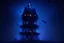 Placeholder: A wide wooden tower with many landing platforms for birds, dark blue glowing light, fantasy, magic, dark, stars, sparkle