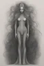 Placeholder: Drawing of a beautiful female with long hair in the style of Scorn, Giger, Beksinski, Leonardo da Vinci. Full body.thin lines draw style
