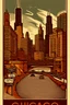Placeholder: vintage-style woodcut illustration of Chicago's skyline featuring the Willis Tower (formerly Sears Tower) and other modern skyscrapers. The image has a sepia-toned color scheme with black and brown elements. In the foreground, a curved highway labeled "ROUTE 66" with vintage cars driving on it. Street signs reading "CHICAGO", "LAKESHORE DRIVE", and "MILLENNIUM PARK" are positioned in the upper portion. The illustration includes a bridge spanning across a body of water, with architectural details