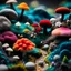 Placeholder: Close-up photograph of a landscape made of felt, animals, fungi, crystals, mineral concretions, extreme detail, intricate, colours, Tim Burton, rich moody colors, sparkles, bokeh, 33mm photography