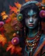 Placeholder: Vibrant autumn foliage in a rain-kissed setting, Ikebana arrangement, Haiku poetry inspiration, Japanese garden elements, autumn asters, Utagawa Hiroshige essence, Isaac Levitan influence, woman with dark skin, tribal markings, mysterious expression, piercing eyes, flowing black hair, colorful beads, layered textiles, bright hues, ornate jewelry, cultural richness, dark, blurred backdrop, GoBi, Наталья И-ва.Mystical character with pale blue scaly skin, icy green eyes, dark eyeliner, cascading da