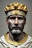 Placeholder: Ultra Realistic image, Roman sculpture, white marble material, Lionel Messi, gold Laurel leaves wreath, renaissance ornaments, radial gold lines, one gold star in heart, gold sun ornament back, blue background, chisel style, waist up portrait, emperor style, epic, celestial, cinematic lighting, God light, god rays, 4k resolution, smooth details, ornate details, soft lighting, unreal engine 5, art station, substance 3d.