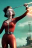 Placeholder: retro portrait image from 1960, explosion background, wind, long hair, young Scarlett Johansson, classic black tight lycra suit, metal stick weapon, gold bracelet and belt, high heel boots, soft color, highly detailed, unreal engine 5, ray tracing, RTX, lumen lighting, ultra detail, volumetric lighting, 3d, finely drawn, high definition, high resolution.