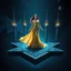 Placeholder: A breathtaking cosmic fantasy scene featuring a stunningly realistic beautiful woman with a perfect face and sculpted figure standing gracefully at the center of a floating geometric platform in deep space. She wears an elegant flowing gown in vibrant gold and blue hues that billow around her perfect form. The platform is constructed from dark cobblestone-like blocks arranged in a star shape. Surrounding her are magnificent CIFI towers like structures,satelights